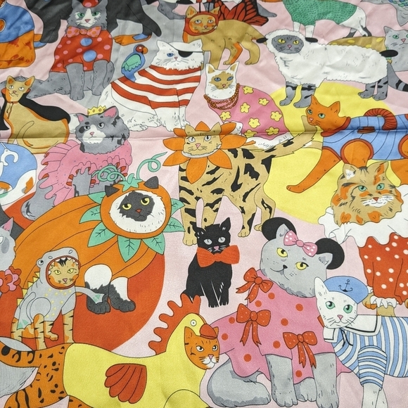 Pink and green whimsical silly cats in costumes silky polyester scarf - Picture 6 of 10